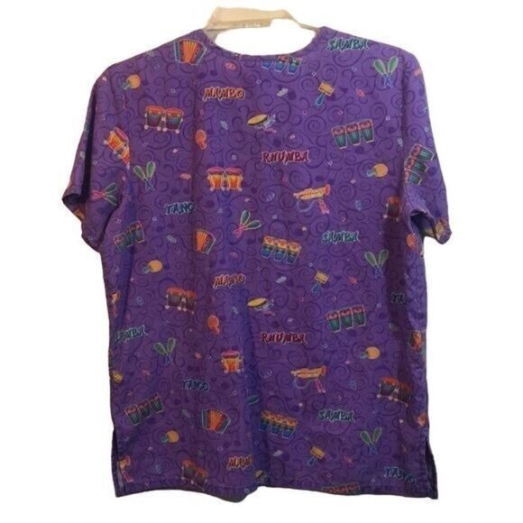 Musical Instrument Print Scrub Top Purple Mambo Samba Tango Nurse‎ - Picture 2 of 10